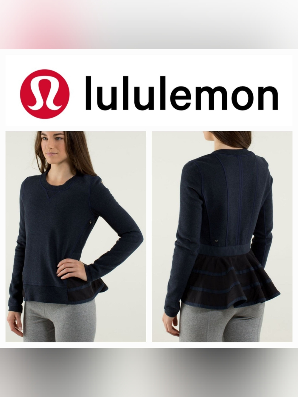 Lululemon Ruffled Up Pullover Top Black/Heathered Blue Inkwell Sz 6 Long Sleeves
